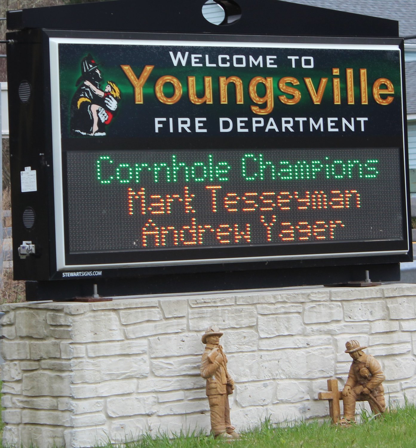 No sooner had the official winners of the Youngsville Fire Department Cornhole Classic been announced,  the champions’ names were flashing on the outdoor department bulletin board located near Route 52.