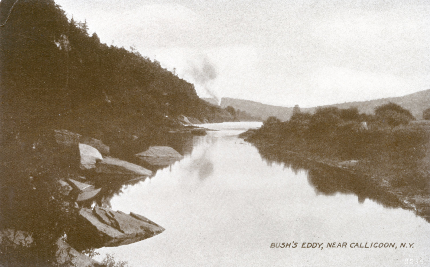 Bush's Eddy: 

The plume from an Erie locomotive rises in the distance in this postcard view of Bush's Eddy, enough to reflect in the Delaware River. In 1915 Charles Stoehr and John Dering of Callicoon placed 10,000 wall-eyed pike fingerlings in the river here, projecting that in two or three years, with repeated stocking being planned, the pike population was expected to be excellent.