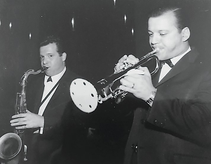 Frank Petrocelli (left) performed at Grossinger’s Hotel with trumpeter Sam Sturm, father of Town of Bethel Supervisor Dan Sturm.