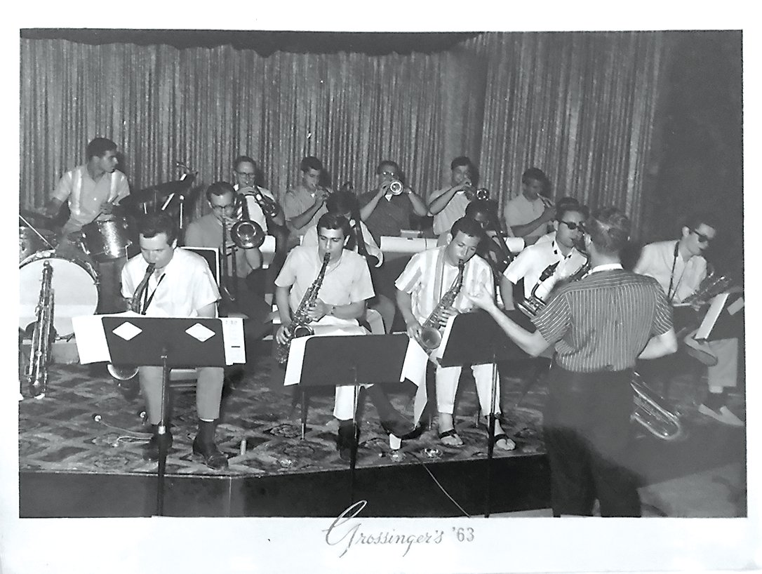On occasion, musicians from the different hotels got together to play the music they liked. Here the group is conducted by Lee Harris, composer/arranger/sax player. Frank Petrocelli is seated front left.