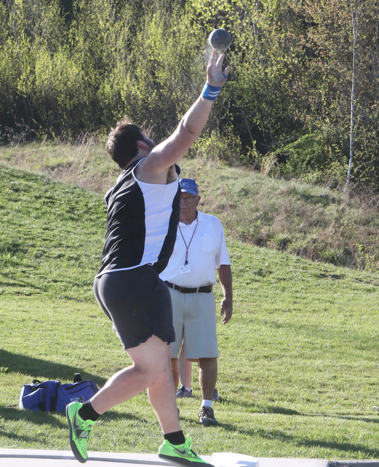 Sullivan West’s Chris Campanelli sets a personal best in the shot put. He is chasing Alan Ackerman’s school record and has nearly reached it.