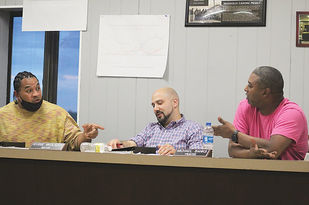 Last Wednesday’s Monticello village board meeting became contentious as a majority of the board voted to appoint Michael Sussman as special counsel. Pictured (from left) are Trustee Gordon Jenkins, Mayor George Nikolados and Trustee Michael Banks.