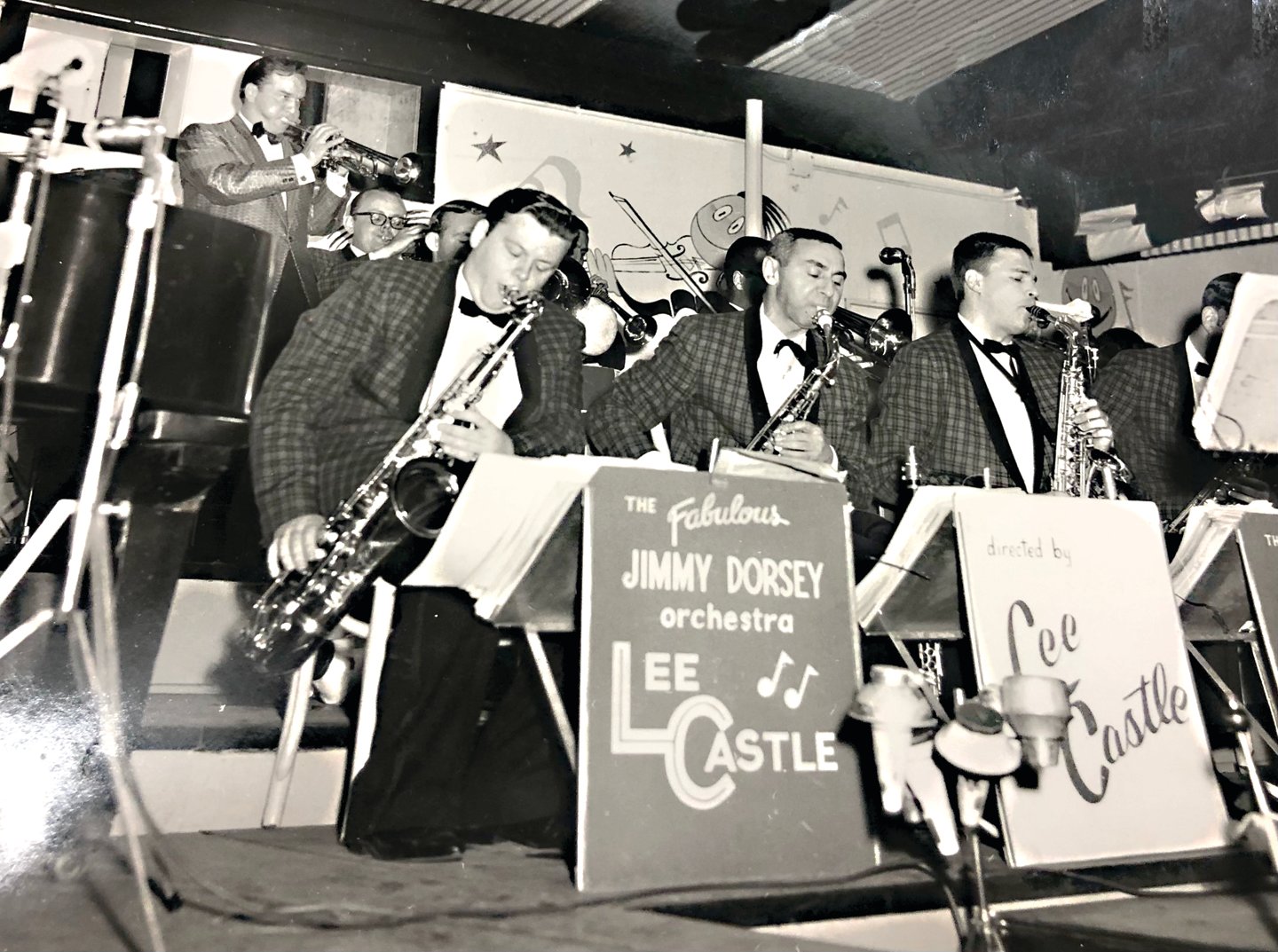 Far right on saxophone, Lentz performing with the Jimmy Dorsey Band at Freedomland Amusement Park in the Bronx in 1963. Performers included Nancy Sinatra, Donald O’Connor and Tommy Sands.