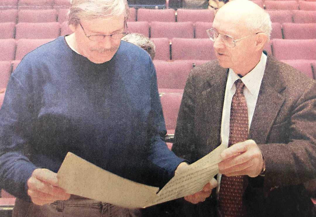 At a rehearsal for Lentz’s composition “Suite for America,” which he wrote shortly after 9/11. It was premiered by the Woodstock Chamber Orchestra. Lentz is pictured with Orchestra Manager Al Sweet.