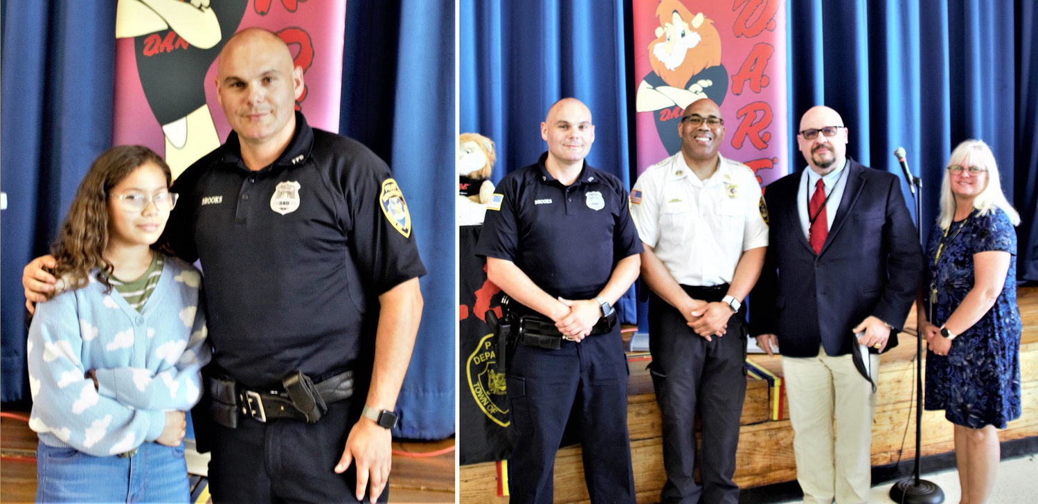 In the first photo is fifth grader Angelica Martinez Lopez, recipient of the award for best class essay on the DARE Program, with SRO Phillip Brooks. In the second photo are (left to right) SRO Phillip Brooks, Fallsburg Chief of Police Simmie Williams, FCSD Superintendent of Schools Dr. Ivan Katz, and BCES Principal Mary Kate Stinehour