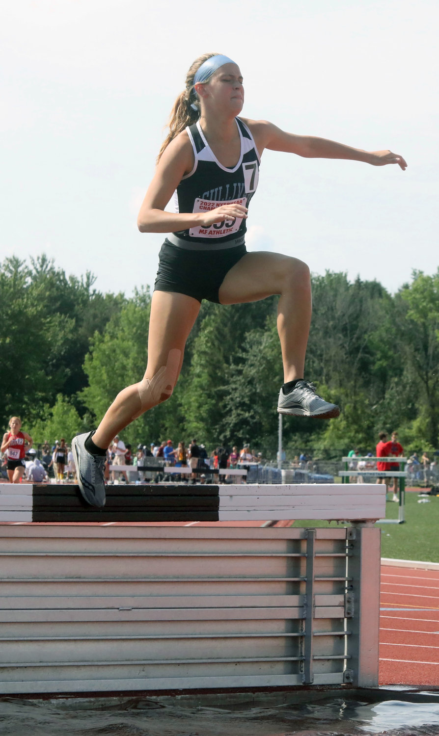 Sullivan West’s Grace Boyd broke three school records this spring including in the steeplechase, along with the 3000 and 1500. Though she didn’t medal at states, suffering knee pain she persevered right on through and set a new PR in the steeplechase and new school record with her time of 7:45.18. She finished 9th among D2 contenders. She also competed in the 3000 the day before on the meet’s opening afternoon.