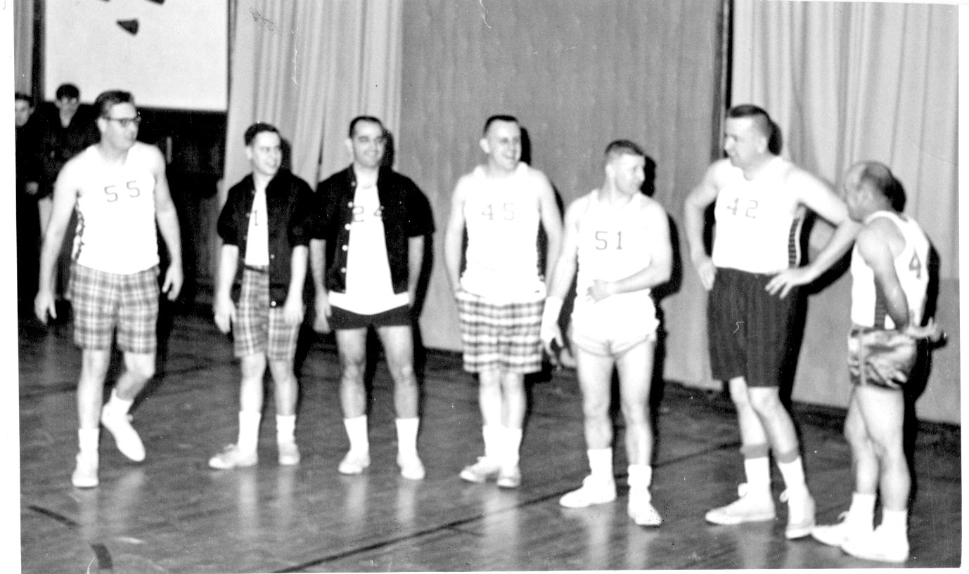 Jeff-Youngsville faculty starting line-up:  

This photo dates back to the early 1970s when many schools raised money through charity basketball games. The faculty team looked to be a formidable group at Jeff-Y with the players ready to go. From the left are Bob Breffle, Jeff Clewell, Ross Dimler, Bob Lynch, Jerry Davitt, Jim Scheutzow and Paul Zintel. With so many coaches on the team, we only wonder who was calling the plays.