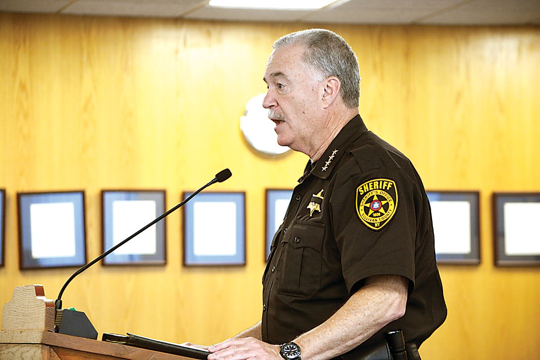 Sullivan County Sheriff Mike Schiff addresses legislators at last week’s Public Safety and Law Enforcement Committee meeting.