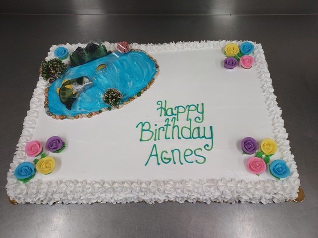 Birthday cake celebrating Agnes Van Put’s 106th birthday baked and decorated by Debbie McAdams.
