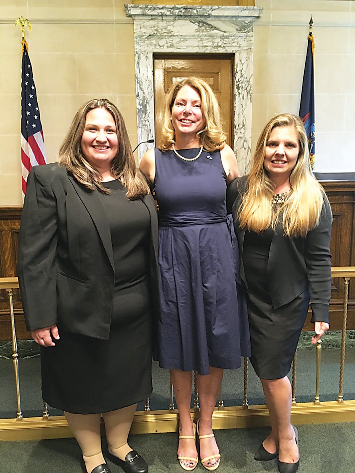From left are Meagan Galligan, Sharon Graff and Heidi Cochrane at last week’s Democratic Judicial Convention in Albany.