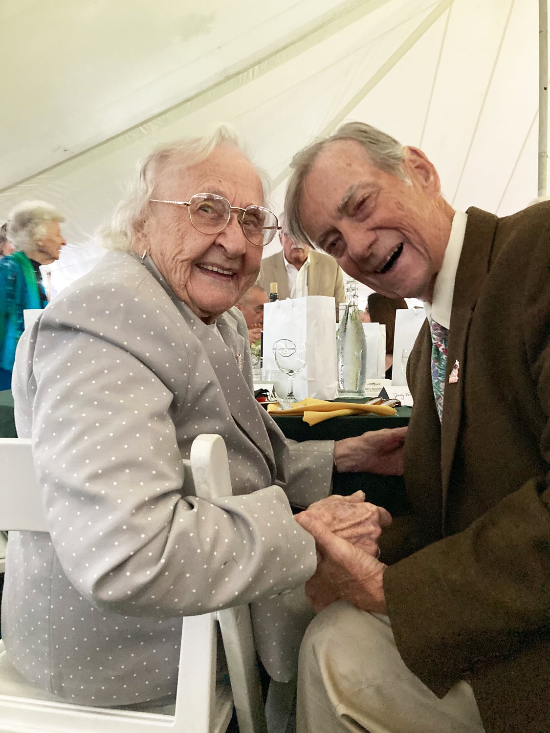 106-year-old Agnes Van Put, honorary member of the Woman Fly Fishers Club with Hoagy B. Carmichael,  long-time friends.