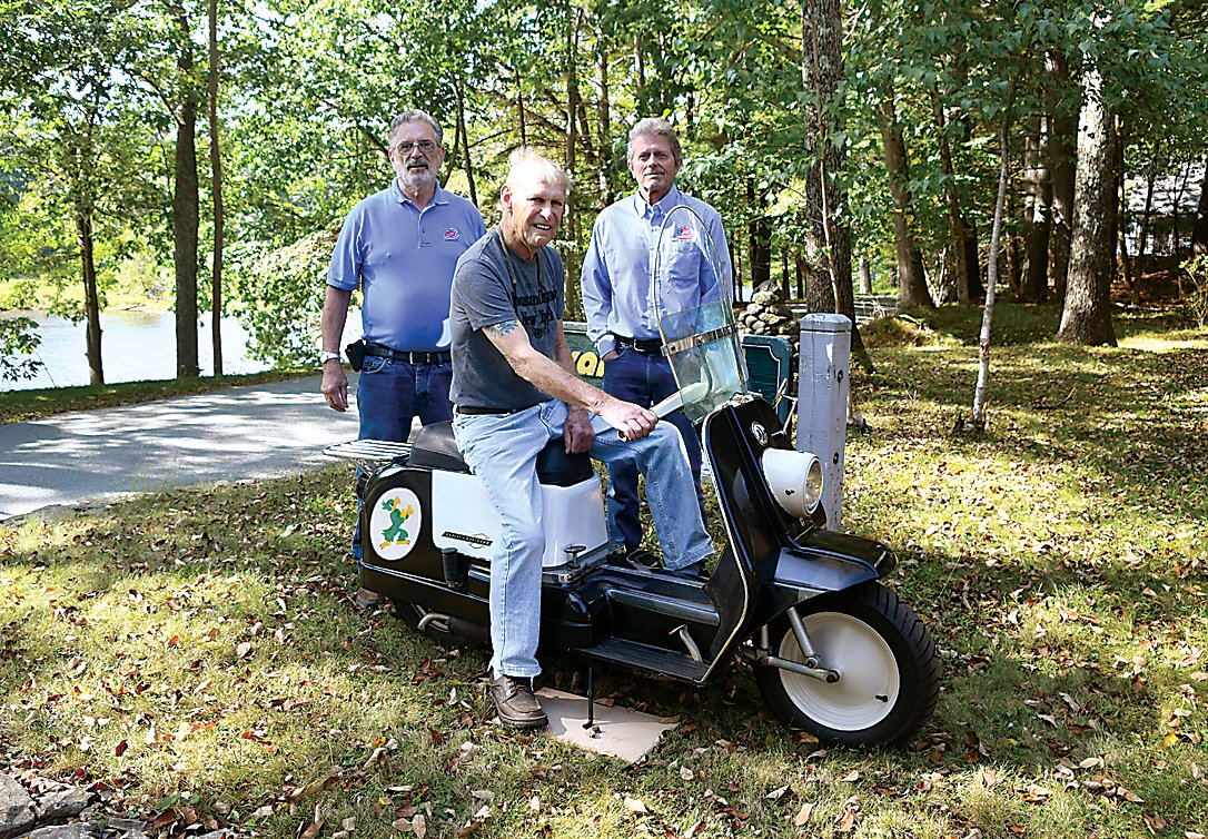 Craig Stewart, of River Road, Callicoon, sits on his Harley-Davidson Topper that he recently donated to the Northeast Classic Car Museum in Norwich. Coming down to pick up the donation were Dick Schutt, left, president of the Board of Trustees and Steve Littlefield, secretary of the Board of Trustees.