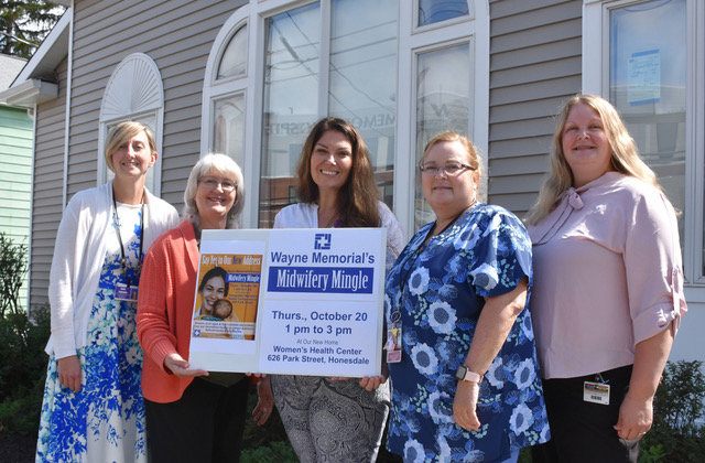 The certified nurse midwives of the Women’s Health Center and Wayne Memorial Hospital’s New Beginning Birthing Suites will be sponsoring the Midwifery Mingle on October 20 at 626 Park Street in Honesdale. Shown left to right are: Kara Poremba; Patricia Konzman, CNM; Christina MacDowell, DNP, CNM; Mary Beth Dastalfo, RN, clinical coordinator, New Beginnings, Wayne Memorial Hospital and Heather Kellam, office supervisor, Women’s Health Center.