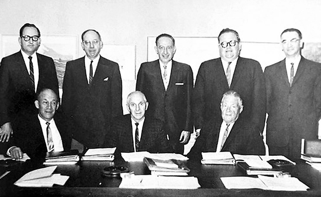 SCCC’s Board of Trustees in 1966: left to right, seated, Mortimer Michaels, Max Rubenzahl, James W. Burbank; standing, Dr. Richard K. Greenfield, Vice Chairman Frederick Starck, Chairman Bernard Weiss, Luis de Hoyos, and Karl Ebers. Board members Ronald M. Albee and Harold L. Gold were not present for the photo.