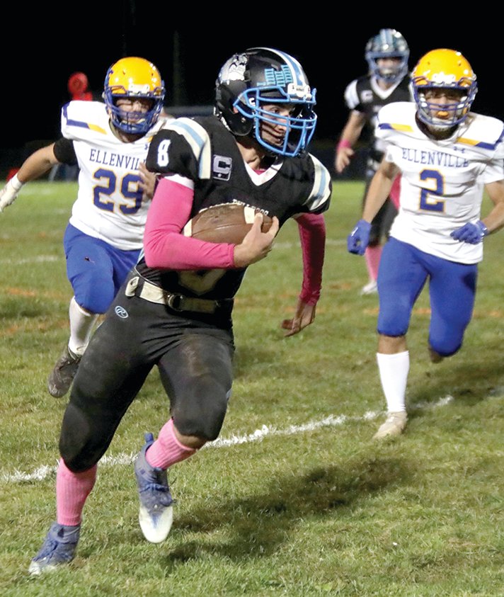 Sullivan West senior Andrew Hubert races up the sideline. Hubert had a big night scoring on a pass from Jaymes Buddenhagen just before halftime as well as racking up yards on carries during the game.