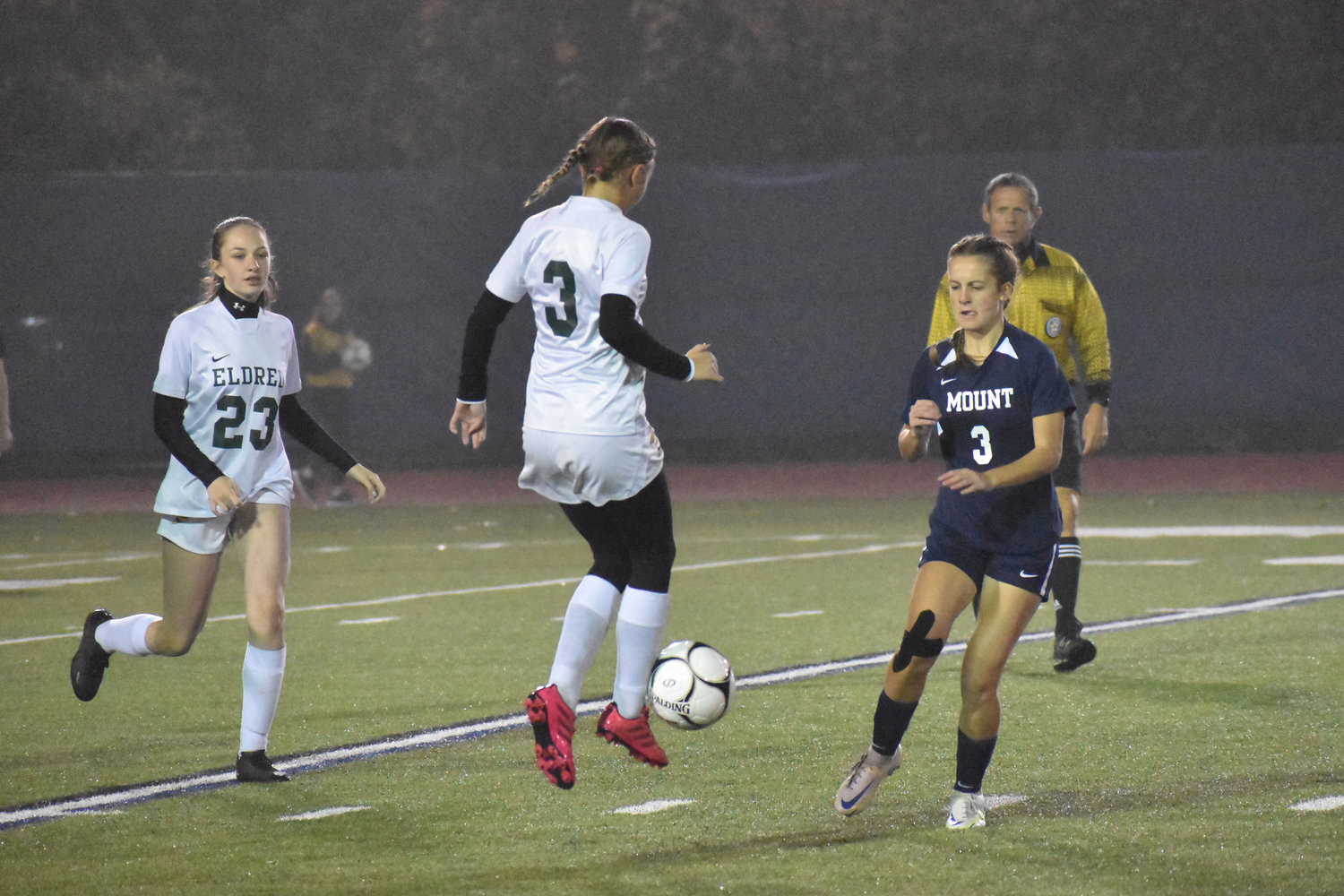 Jillian Smith leaves her feet to redirect a pass in Monday night’s Class D Championship game for Section IX. Mount Academy won the game and will look to repeat as NYS Champs.