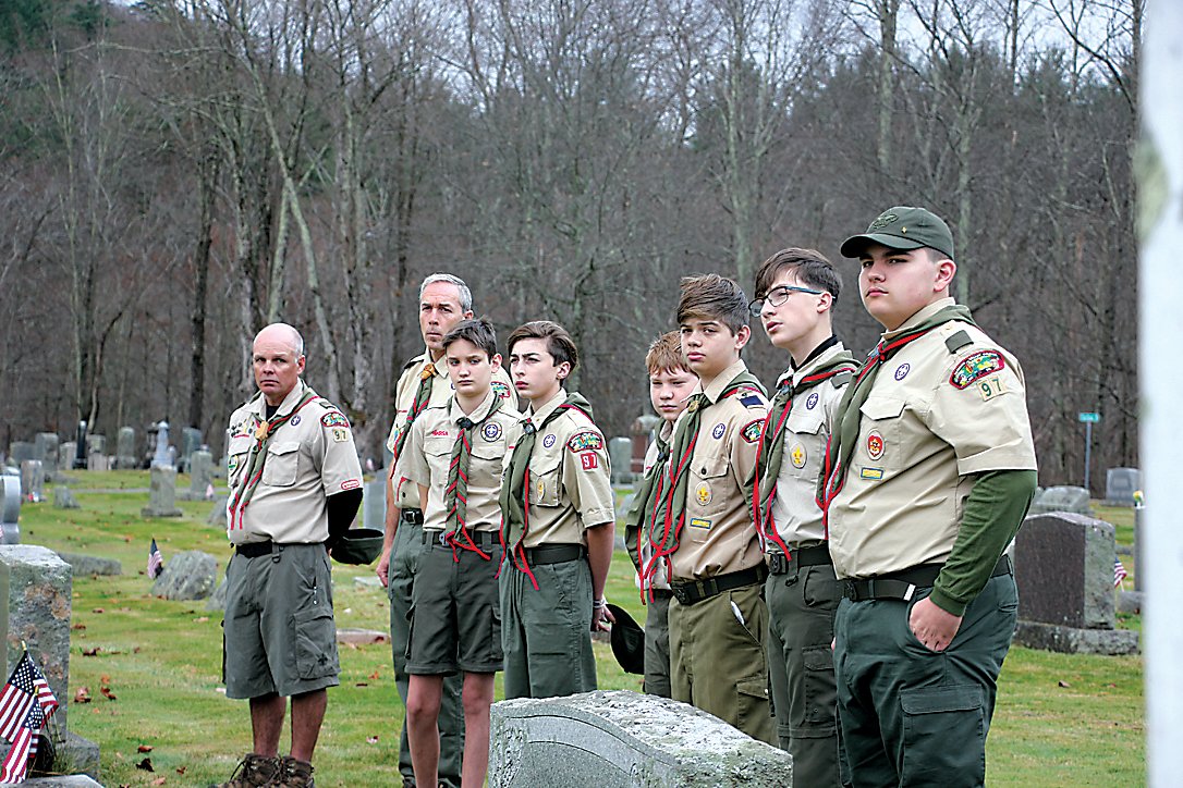 Boy Scout Troop 97 stood at attention during the Flag Exchange ceremony in Grahamsville on Friday.