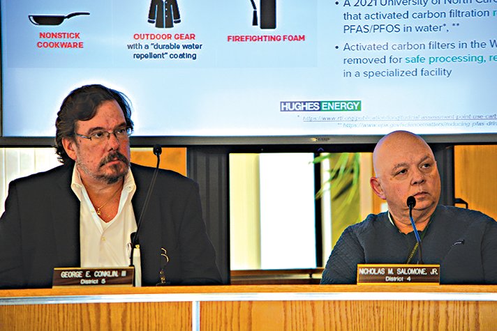 The County Legislature has until December 20 to adopt the budget and two public hearings have been set to allow public comment. Pictured are Legislators George Conklin, left, (who chairs the Management and Budget Committee) and Nicholas Salomone.