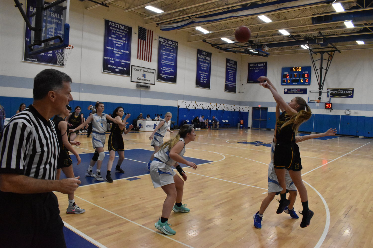 Regan Kizer draws a foul in the third quarter while going up for a jump shot. Her three points in the third quarter contributed to the winning stretch for Eldred.