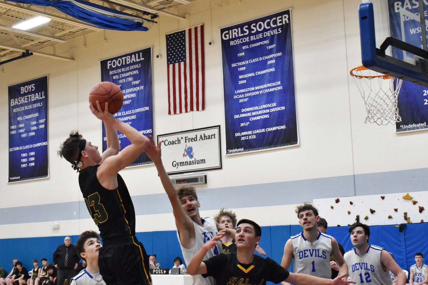 Eldred’s Sean Furler made his presence known in the Sectional matchup against Roscoe as Anthony Zamenick attempts to get close enough to contest the shot.