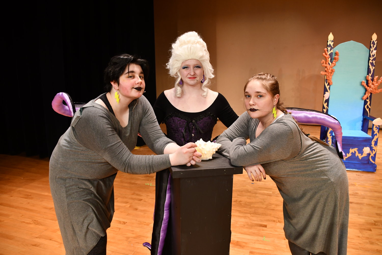 From the left: Jetsam played by Aden Volpe, Ursula played by Cheyenne Decker and Flotsam played by Lucy Arzilla.