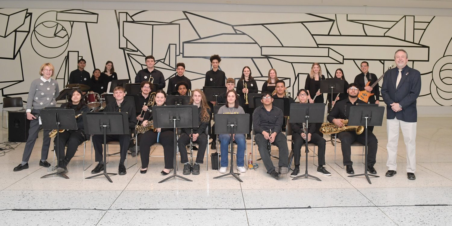 Senator Peter Oberacker (right) and Assemblywoman Aileen Gunther (left) welcome the Liberty High School Jazz Ensemble to Albany as part of Music in Our Schools Month.