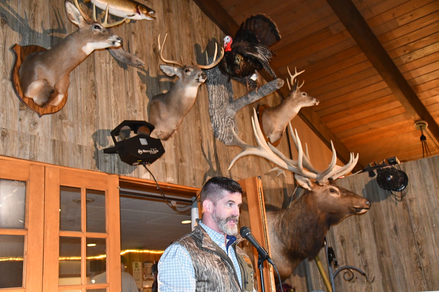 The man behind the mic is National Wild Turkey Federation Northeastern Regional Director Carter Heath. Here he announces a winner of another drawing, the highlight of the event, which helps raise money for both the NWTF and local chapter, Sullivan County Long Beards.