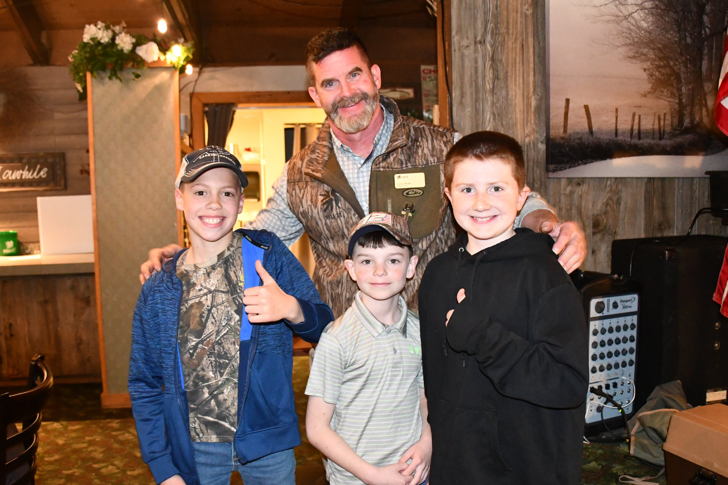 The Sullivan County Long Beards chapter of the National Wild Turkey Federation (NWTF) does a lot to promote youth, including a Youth Pheasant Hunt and several other contests. Here NWTF Northeastern Regional Director Carter Heath thanks three young sportsmen for attending Sunday’s event. They are, from the left, Jack Darder of Grahamsville, Tanner Houghtaling of Hortonville and Hudson Brigham of Binghamton.