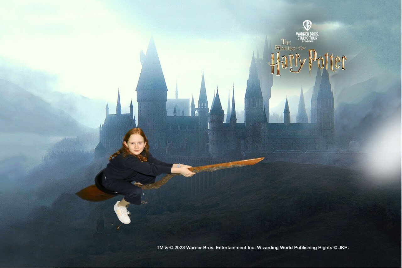 Green screen photos of various places in Hogwarts in the background.