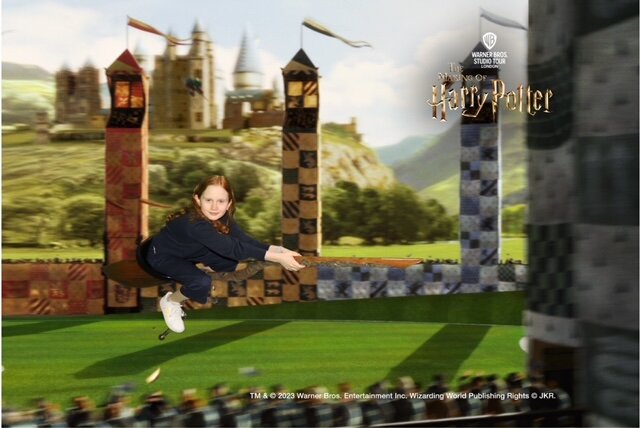 Green screen photos of various places in Hogwarts in the background.