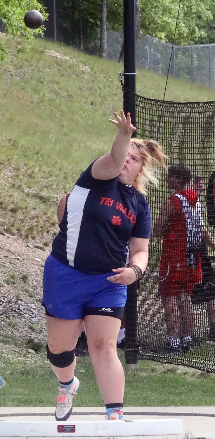 Tri-Valley’s Dakota Evans sends the shot put aloft. She finished seventh overall at the throwers pentathlon out of 23 girl contestants.