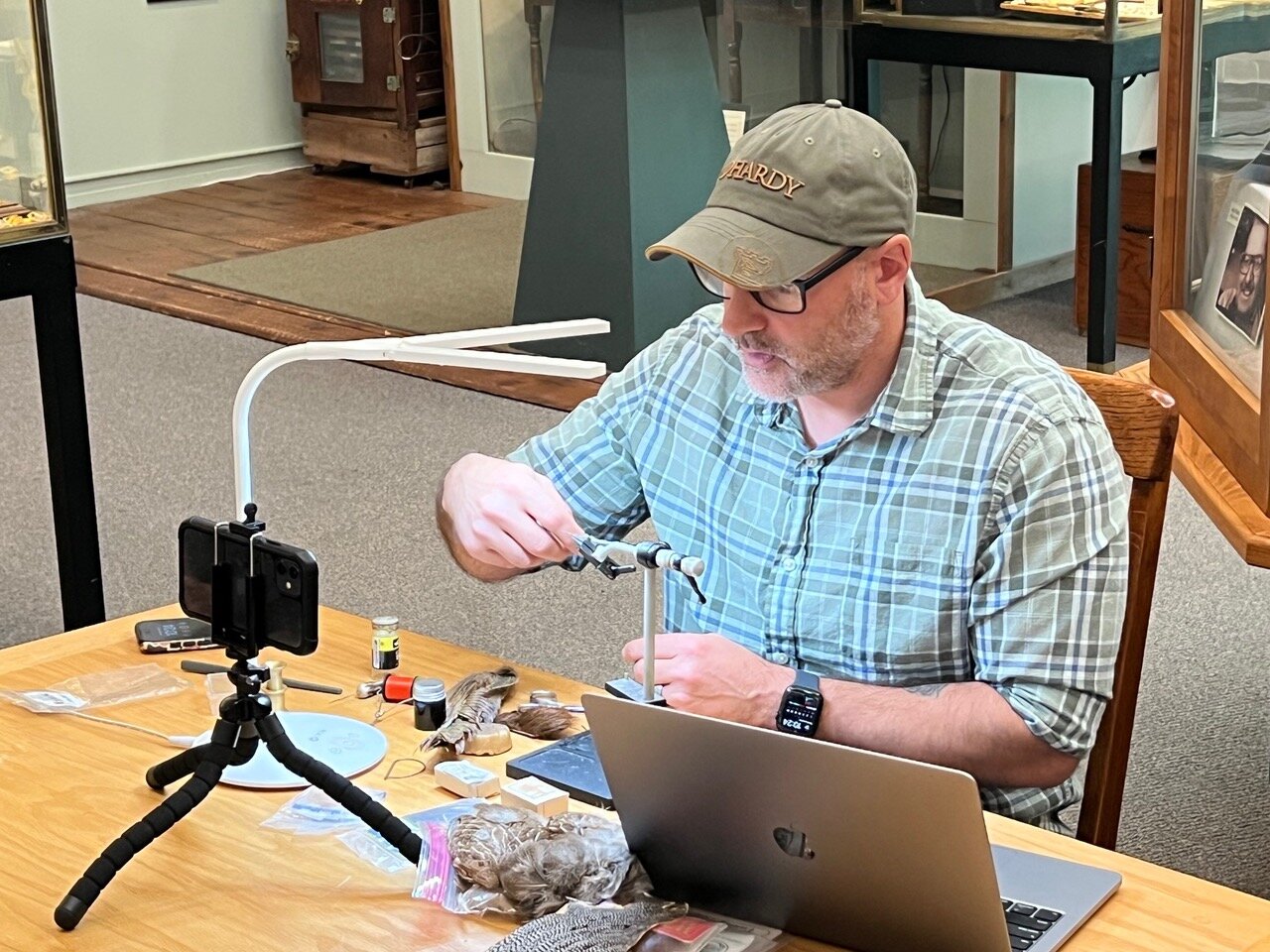 Seth Cavarretta demonstrated tying flies on his vise at the CFFC Museum last Saturday. The session was also live broadcasted via Zoom to members of the Catskill Fly Tyers Guild around the world.