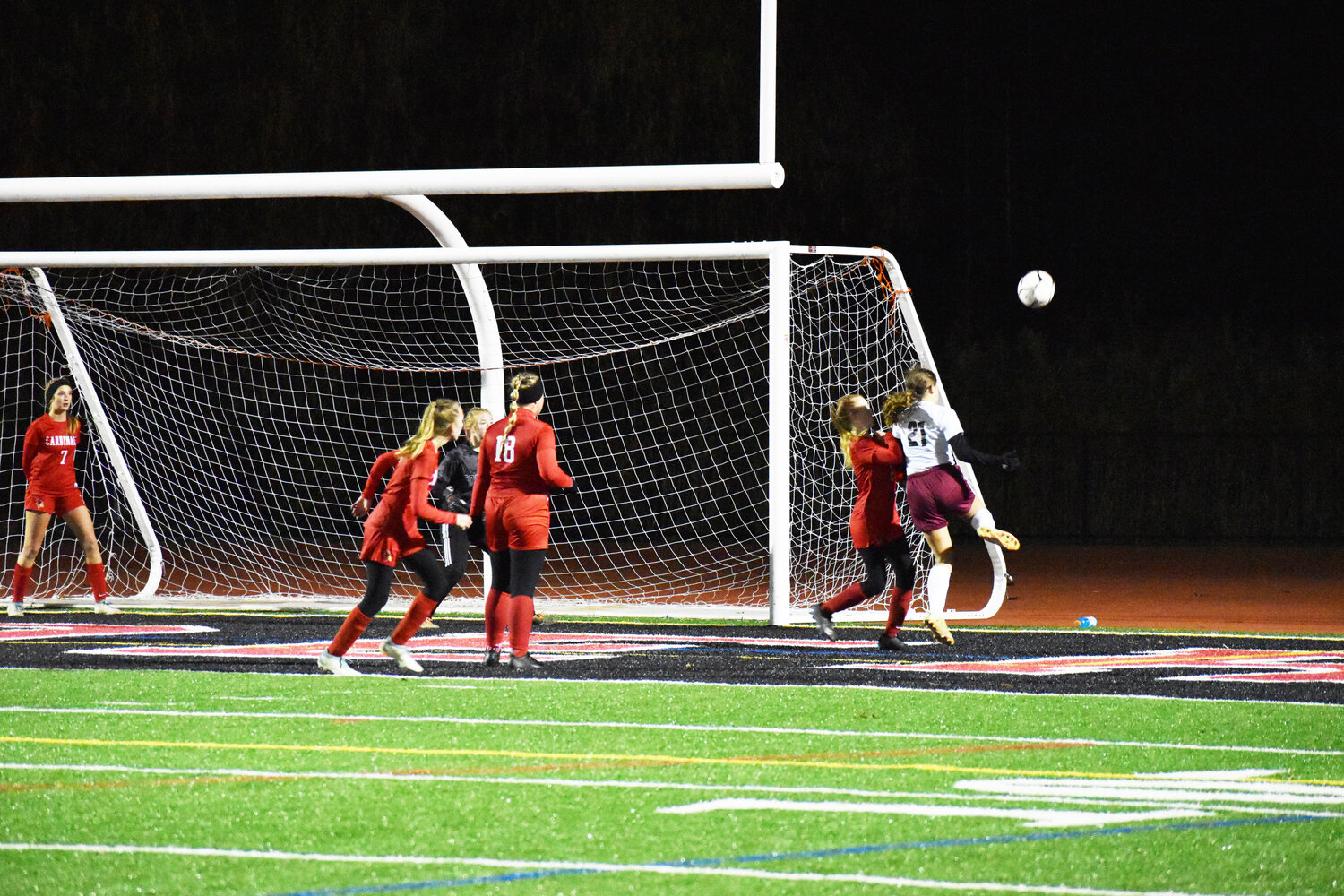 Allison Froehlich attempts to redirect a Livingston Manor corner kick towards the goal.