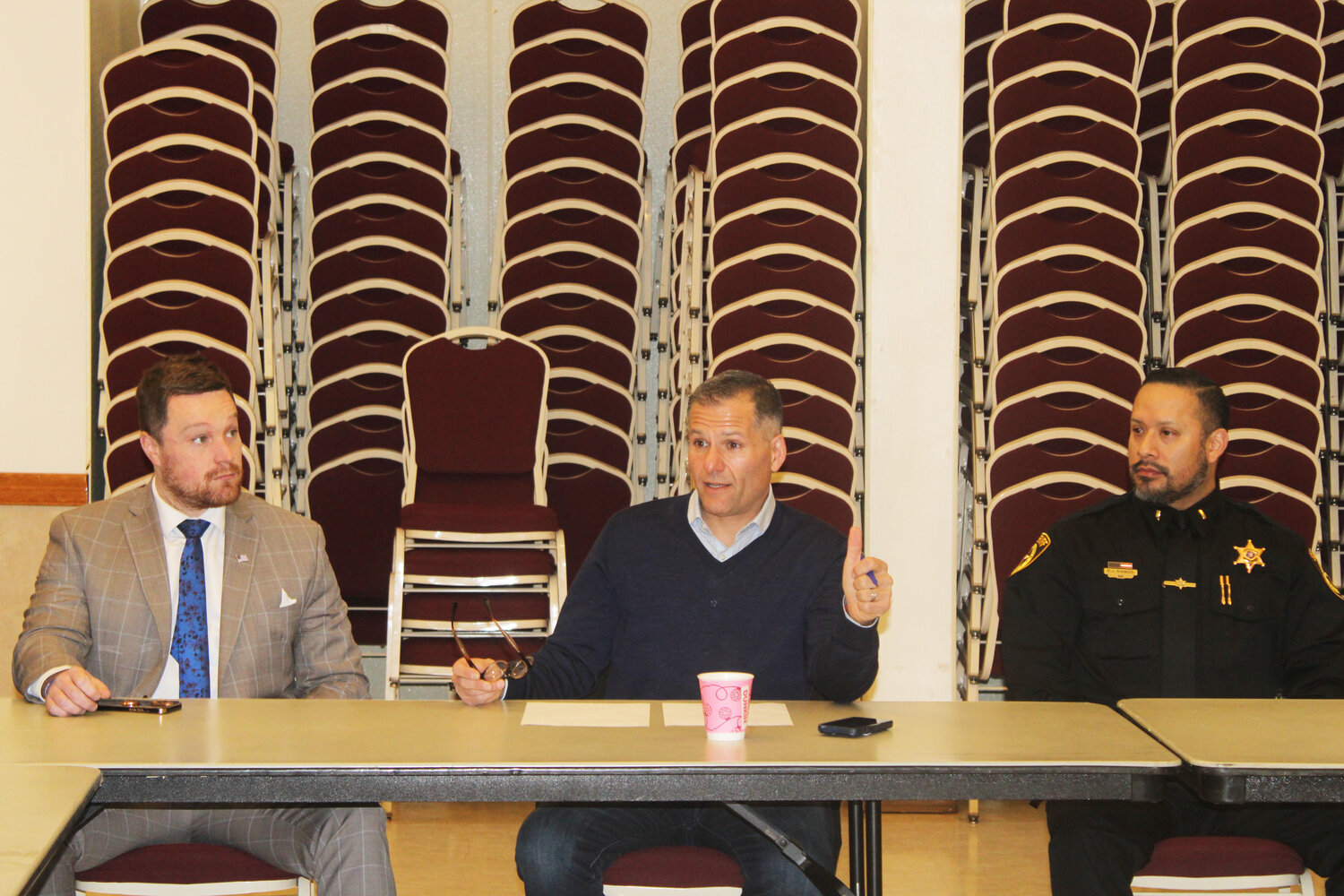 Acting District Attorney elect Brian Conaty, left, U.S. Rep. Marc Molinaro, middle, and County Sheriff’s Office Detective Peter Ramos  contributed to a roundtable discussion at the Monticello Firehouse to make talks on the possibility of establishing a crisis stabilization center for Sullivan County on Tuesday, November 21.
