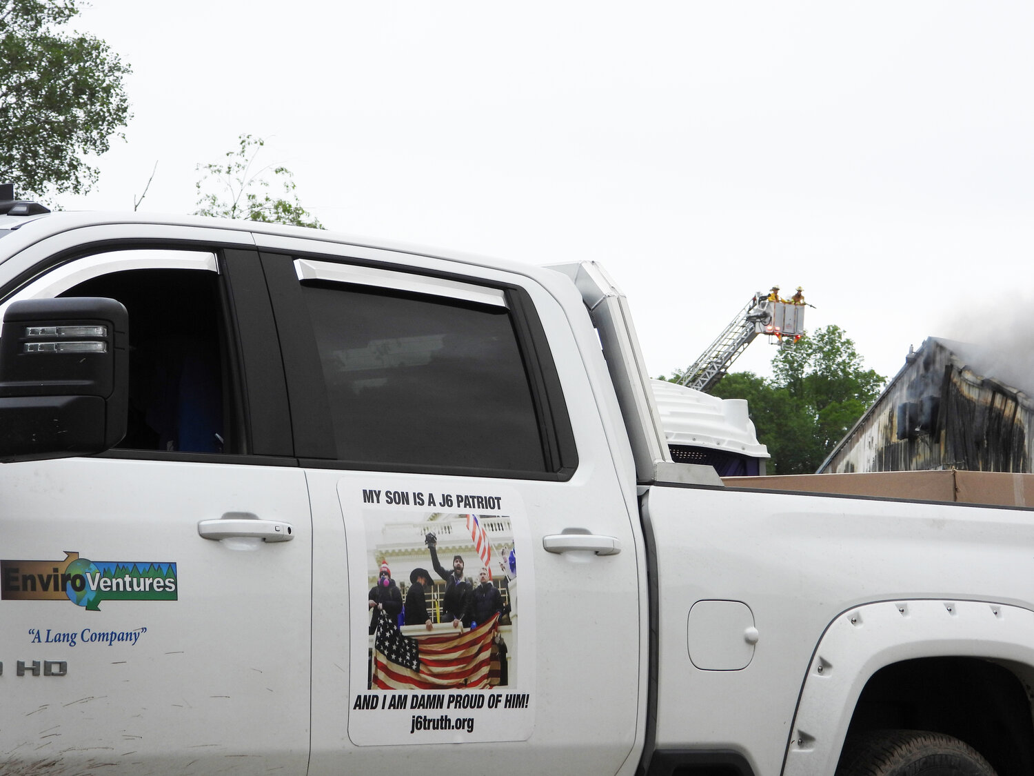 This Lang EnviroVenture Truck, which is owned by Edward (Jacob) Lang’s father, Ned, displays a decal in support of his son, as Edward’s trial is expected to take place in early September.