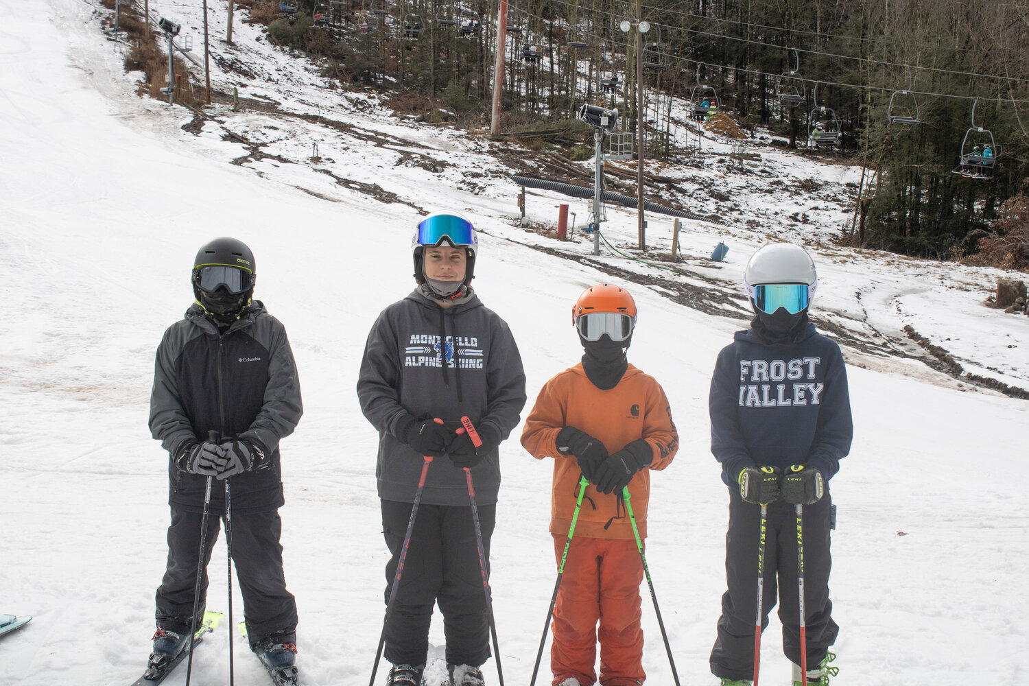 Young skiers from Monticello Central School District at Holiday Mtn., from left to right, Carson Petrowski, Giuliano Francisco, Christian Bastone and Santino Haffner.
