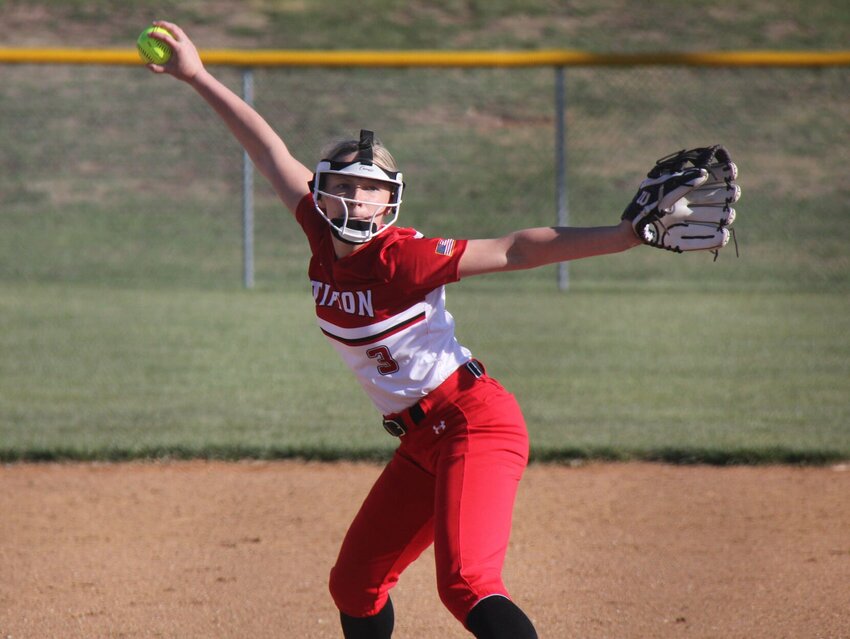 Tipton sophomore Anna Crane pitches the ball during the Kaysinger Conference Tournament game against No. 3 Stover in Cole Camp Friday night. Crane pitched all five innings and struck out six batters.


Photo by Jack Denebeim | Democrat