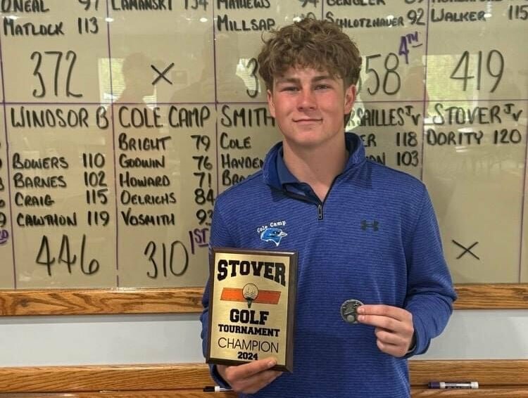 Cole Camp senior Tyler Howard celebrates the team’s victory and his second place finish at the Stover Invitational with the first place plaque and his second place medal. Howard set a school record with a score of 71.


Photo courtesy of Marilyn Howard
