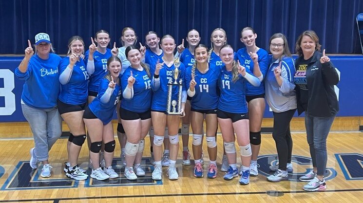 The Cole Camp volleyball team celebrates winning the Kaysinger Conference Tournament Saturday, Oct. 12, after beating Stover 25-16 and 25-21.


Photo courtesy of Cole Camp athletics