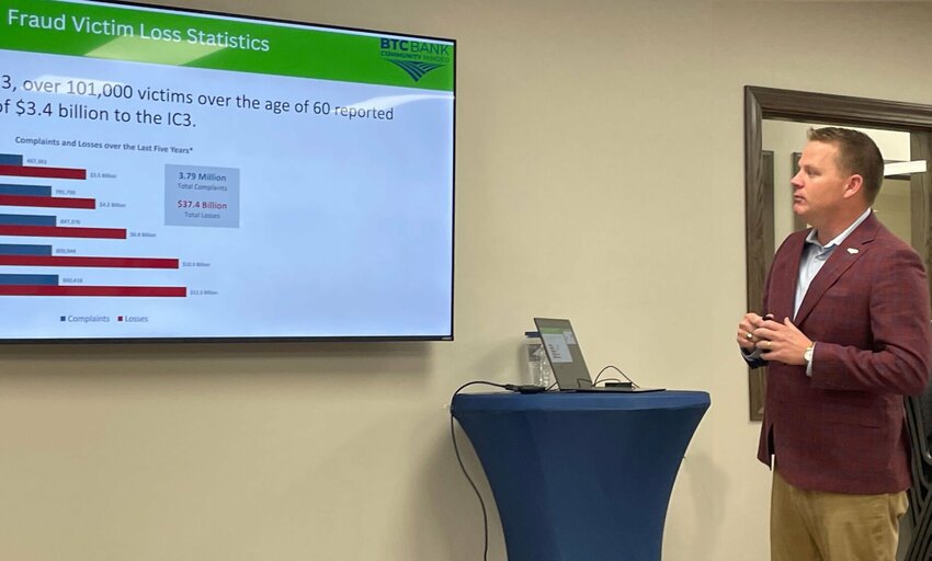 BTC Bank Security Officer Quentin McConkey discussed how to identify fraud and financial abuse and how to protect yourself during a Fraud and Financial Abuse Seminar on Thursday, March 20, at the BTC Bank Sedalia branch. 


Photo by Chris Howell | Democrat