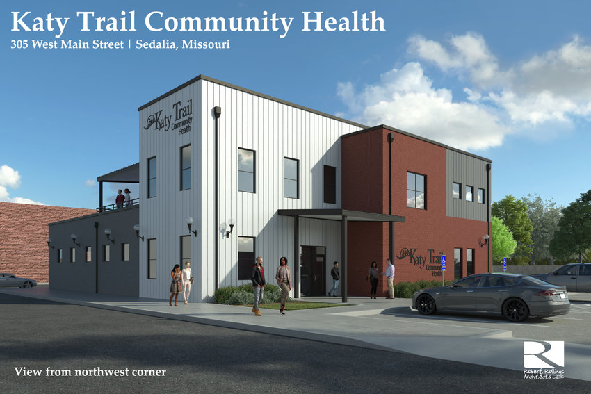 An architect&rsquo;s rendering shows the second Sedalia site for Katy Trail Community Health at 305 W. Main St. from its northwest corner. The site is being constructed by Preferred Construction in conjunction with Rob Rollings Architects and is on track to be complete by late August or early September.