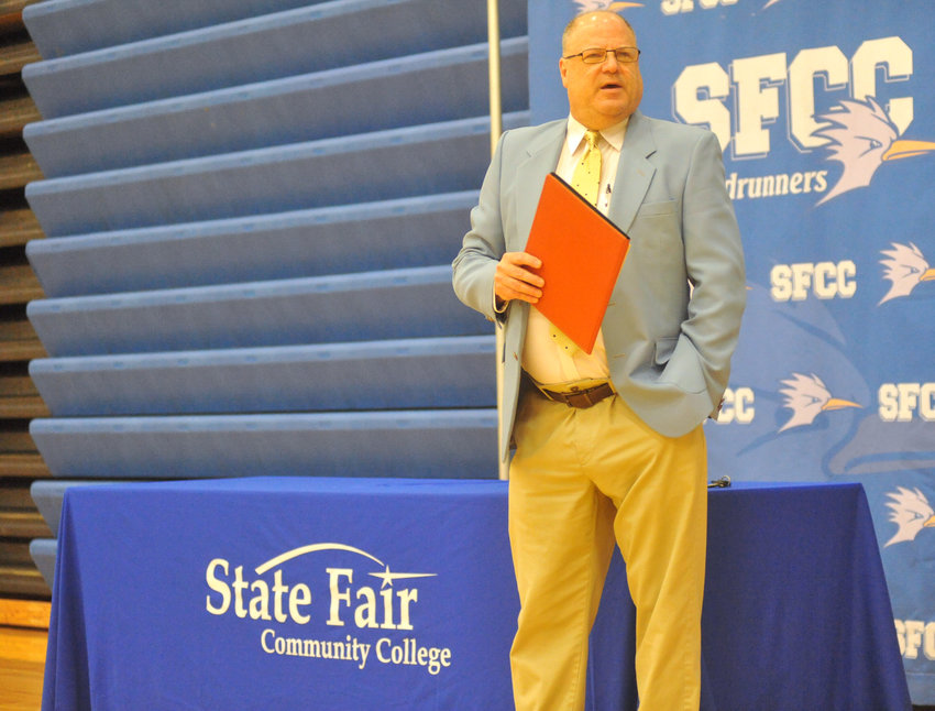 State Fair Community College women&rsquo;s basketball head coach Kevin Bucher speaks during a press conference Friday at the Fred E. Davis Multipurpose Center in Sedalia.