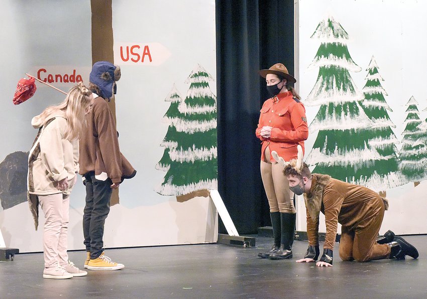 Smith-Cotton High School theatre students participate in their first dress rehearsal Wednesday night for the children&rsquo;s play &ldquo;Gustav: The Goose Who Wouldn&rsquo;t Fly.&rdquo; From left, Meredith Tester (Maple Cheeks the chipmunk), Brady Rowland (Gustav the goose), Alaina Ayers (Mounty Pat) and Kaden Green (Mounty the Moose).