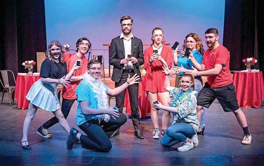 State Fair Community College theatre students, from left, Jenna Speer, Aren Goodwin, Walker Schotte, Ben Brewer, Annie Henson, Torrie Shelly, Brianna Harlow, and Quincy Wilson rehearse Wednesday night for the musical &ldquo;First Date.&rdquo; The show opened Thursday night and will continue through Sunday.
