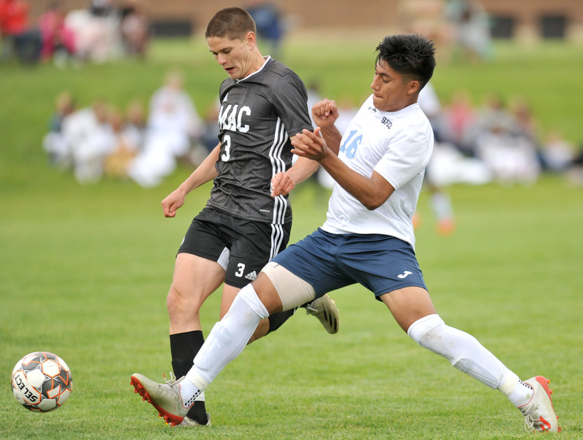 State Fair Community College freshman Mario Cisneros plays the ball Tuesday during a 1-0 victory over Mineral Area College in the Region 16 Tournament in Sedalia.