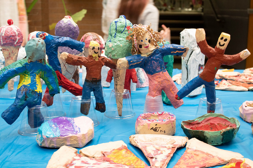 Paper mache projects crafted by kindergarten through fourth-grade students are displayed in the front lobby of Parkview Elementary this week.