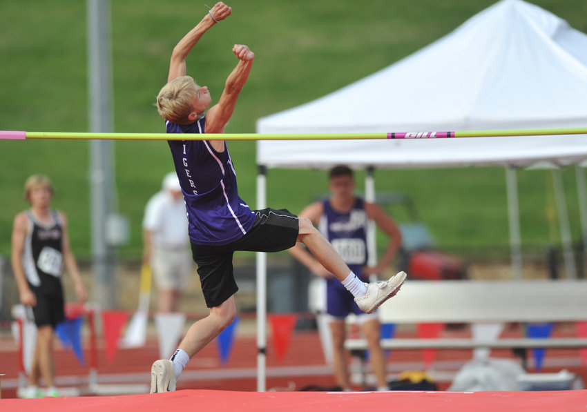 Green Ridge senior Wyatt Irwin clears the bar during a high jump attempt Saturday at the MSHSAA Class 1 State Track and Field Championships at Adkins Stadium in Jefferson City.