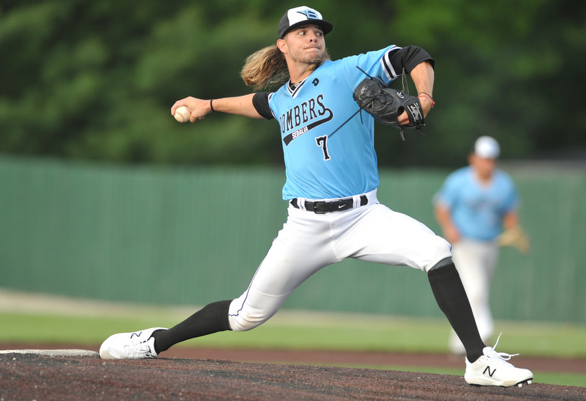Sedalia Bombers starter Jake McMahill delivers a pitch Wednesday during a 8-7 loss to the Jefferson City Renegades at Liberty Park Stadium in Sedalia.