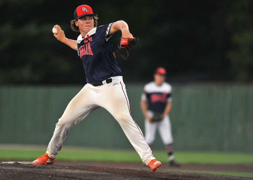 Sedalia Junior Legion starting pitcher Trey Payne delivers a pitch Friday during a Zone Tournament contest against Post 11 St. Joseph at Liberty Park Stadium in Sedalia.