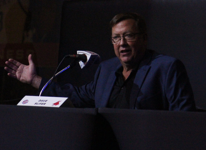 Jennies basketball head coach Dave Slifer speaks from the podium during MIAA Basketball Media Day on Tuesday, Oct. 12, at the College Basketball Experience in Kansas City.